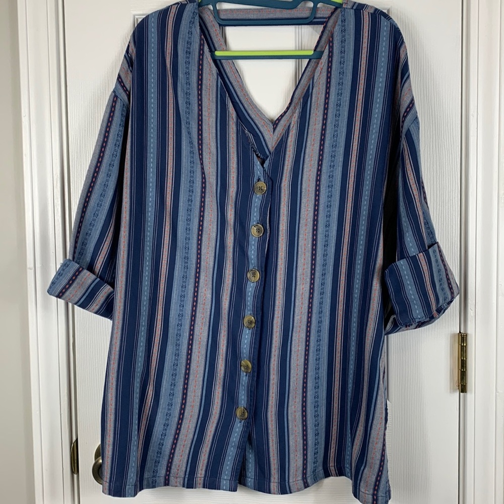 RD&kokio 100% cotton button up 3/4 length sleeved top size large. V neckline